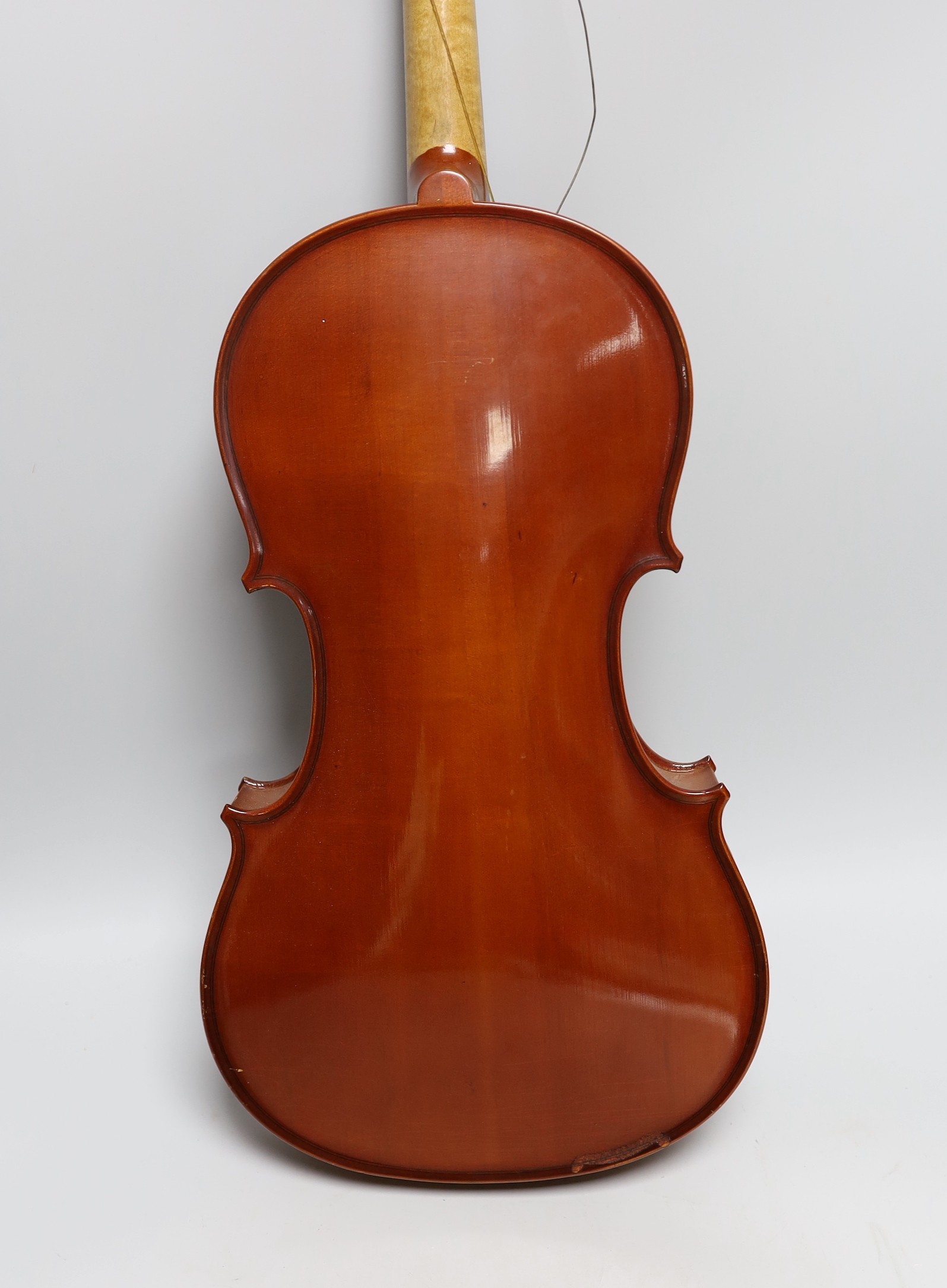 A cased viola and bow, viola back measures, 40.5cm